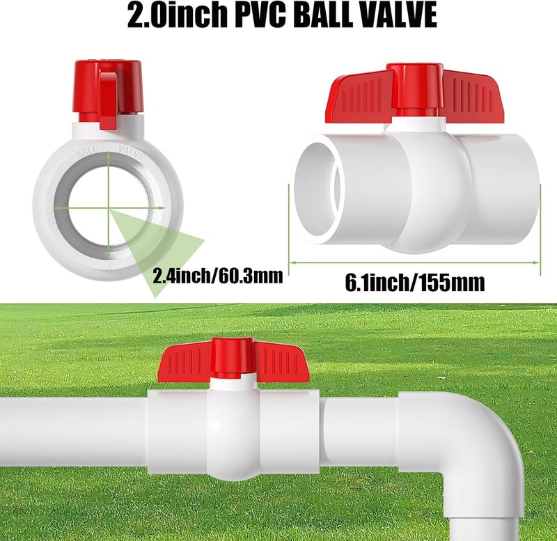 EPHECH 2PCS 2" PVC Ball Valve, SCH40 Slip PVC Water Pipe Valve with Easy Turn Red T-Handle, Shut-Off PVC Ball Valve Socket for Swimming Pool, Sprinkler Lines, Outdoor Plumbing & Irrigation System - Image 2